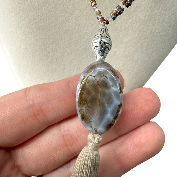 J. Jill Multi-Beaded Strand Necklace Long Agate Pendant Tassel Statement Metal - Picture 4 of 10